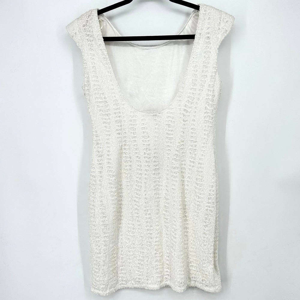 NWT ALBERTO MAKALI White Sequin Cap Shoulder Pad Scoop Sheath Mini Dress 12 - Picture 3 of 10